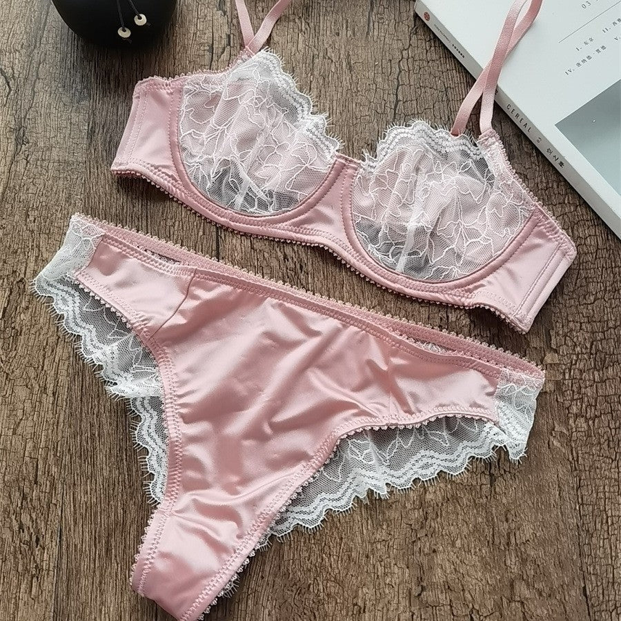 European and American Cross-Border Hot-Selling Sexy Lingerie for Women Ultra-Thin See-Through Large Bust Minimizing French Lace Erotic Bra Set