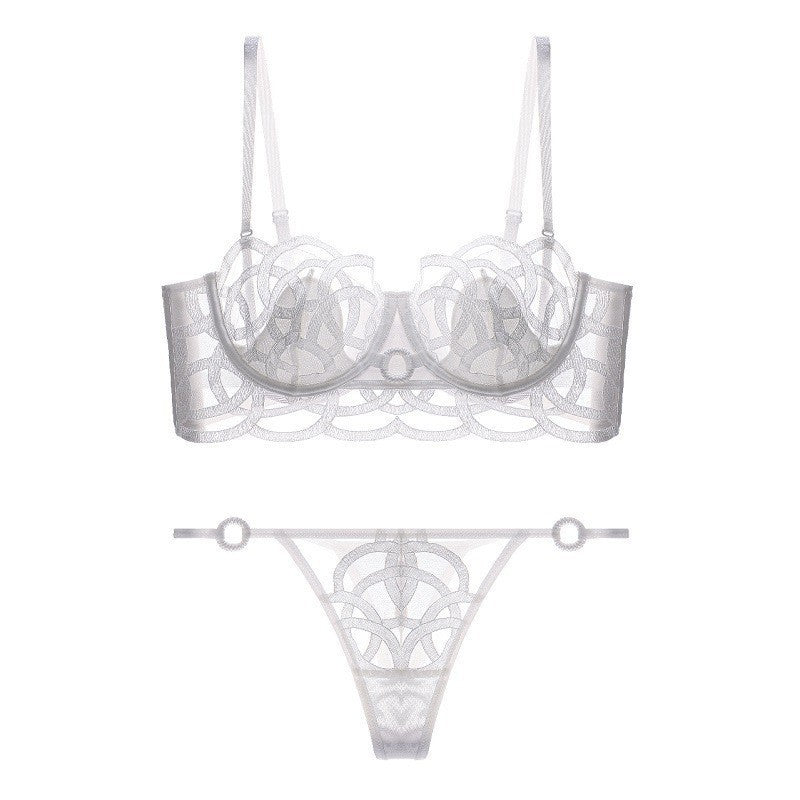 French Style Sexy Lingerie for Women, Thin Transparent Breathable Lace Bra, Minimizing Large Bust, Side Breast Collection, Push-Up Bra Set