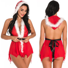 Amazon Christmas Uniform Sexy Backless Dress Women's Mesh See-through Erotic Nightdress Deep V Lace-up Halter Nightdress