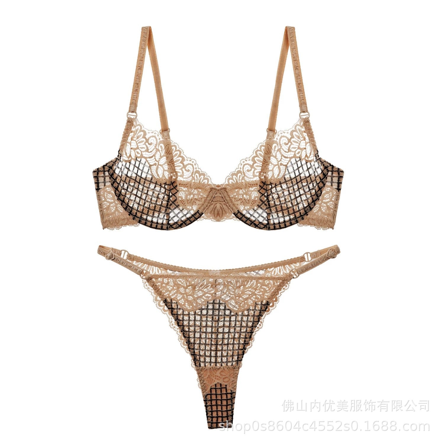 Cross-Border European and American Style French Lingerie Sexy Ultra-Thin Plaid Lace Bra Large Bust Minimizer Sexy Lingerie Set