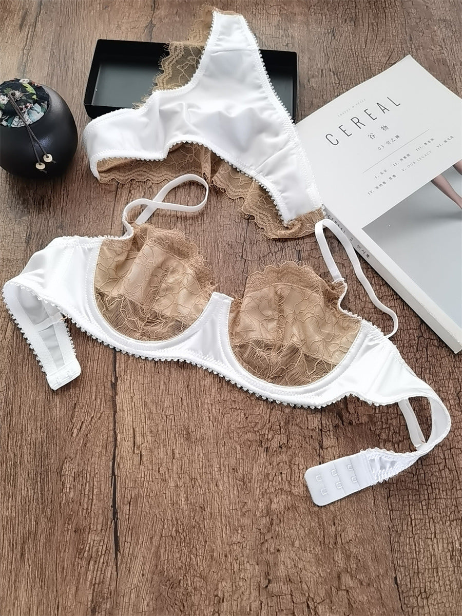 European and American Cross-Border Hot-Selling Sexy Lingerie for Women Ultra-Thin See-Through Large Bust Minimizing French Lace Erotic Bra Set