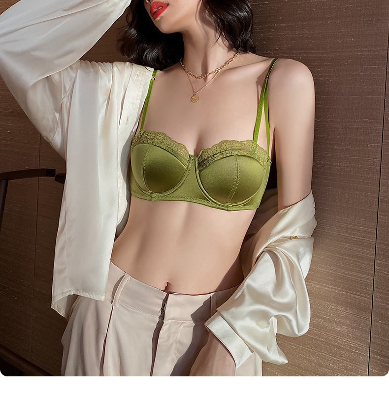 Cross-Border Hot-Selling French Lace Lingerie Women Sexy Thin Satin Large Bust Minimizer Anti-Sagging Bra Set