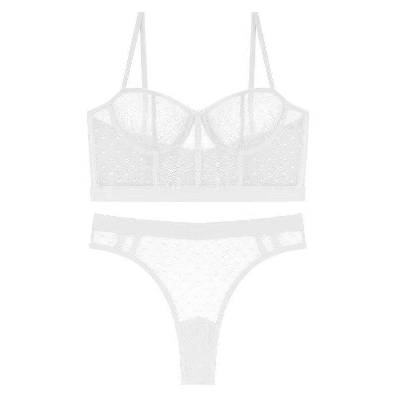 Cross-border French Lace Lingerie Ultra-thin Sheer Mesh Underwire Bra T Sexy lingerie set with pants that make large busts appear smaller