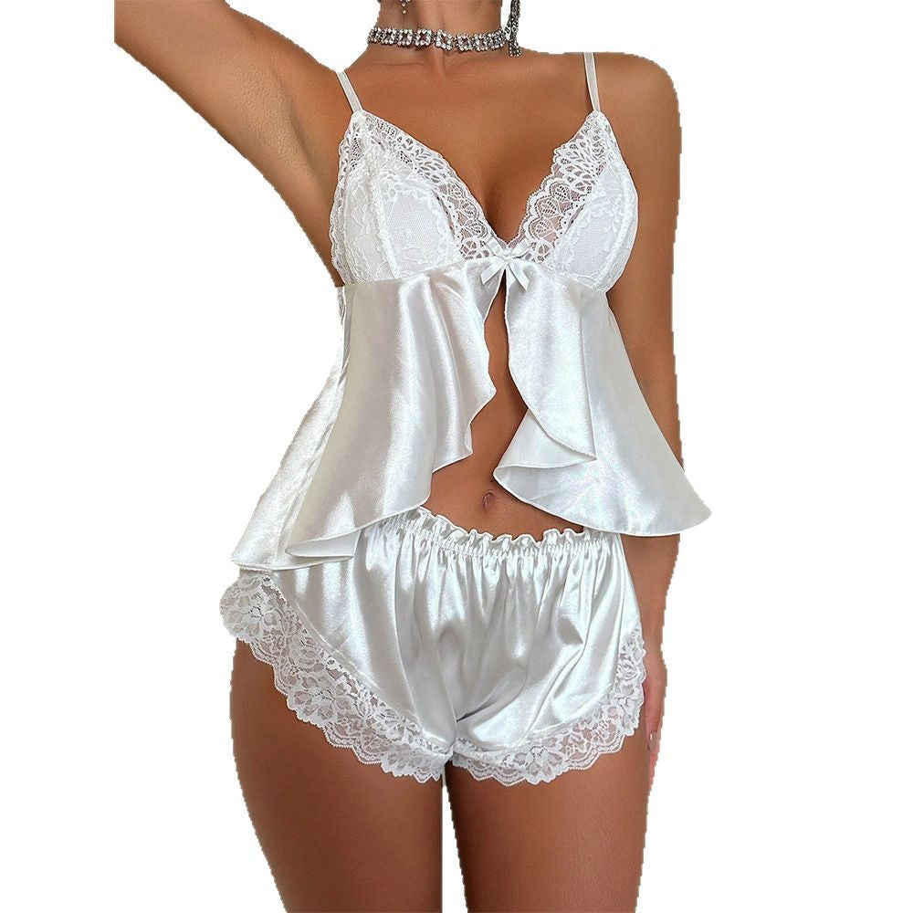 Cross-border European and American Hot-Selling Sexy Lingerie Set Ultra-Thin Lace Bowknot Patchwork French Pure Desire Nightdress