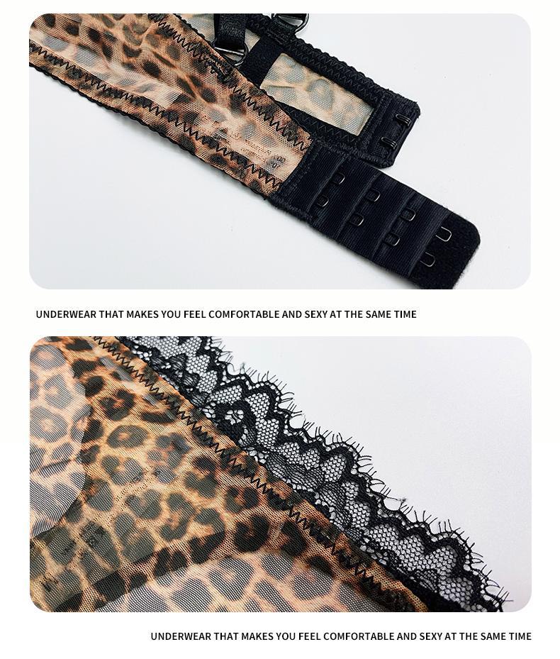 Cross-Border European and American Style Sexy Lingerie for Women Lace Leopard Mesh See-Through Large Bust Minimizer Push-Up Bra Set