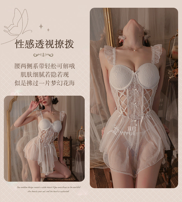 Yiyue Original Sexy Lace Temptation Push-Up Nightdress Pure Desire Erotic Lingerie Lace-Up Fishbone Corset Nightgown1075