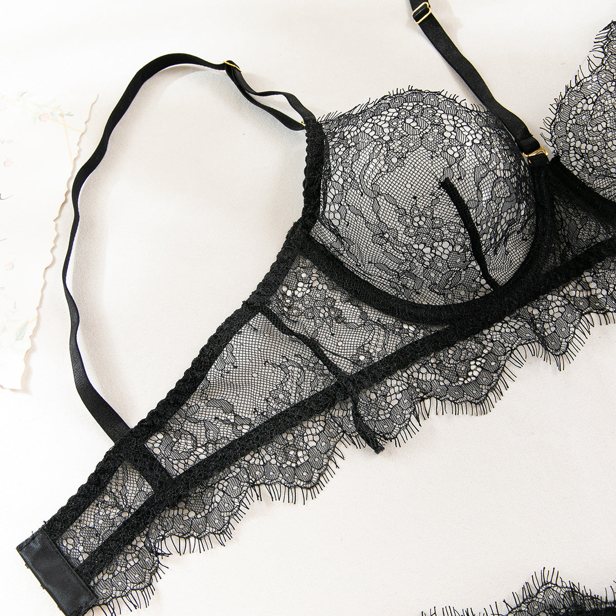 European and American Cross-Border Sexy Lingerie Four-Piece Set Sexy Hollow Lace Eyelash Halter Neck Lingerie with Detachable Leg Rings