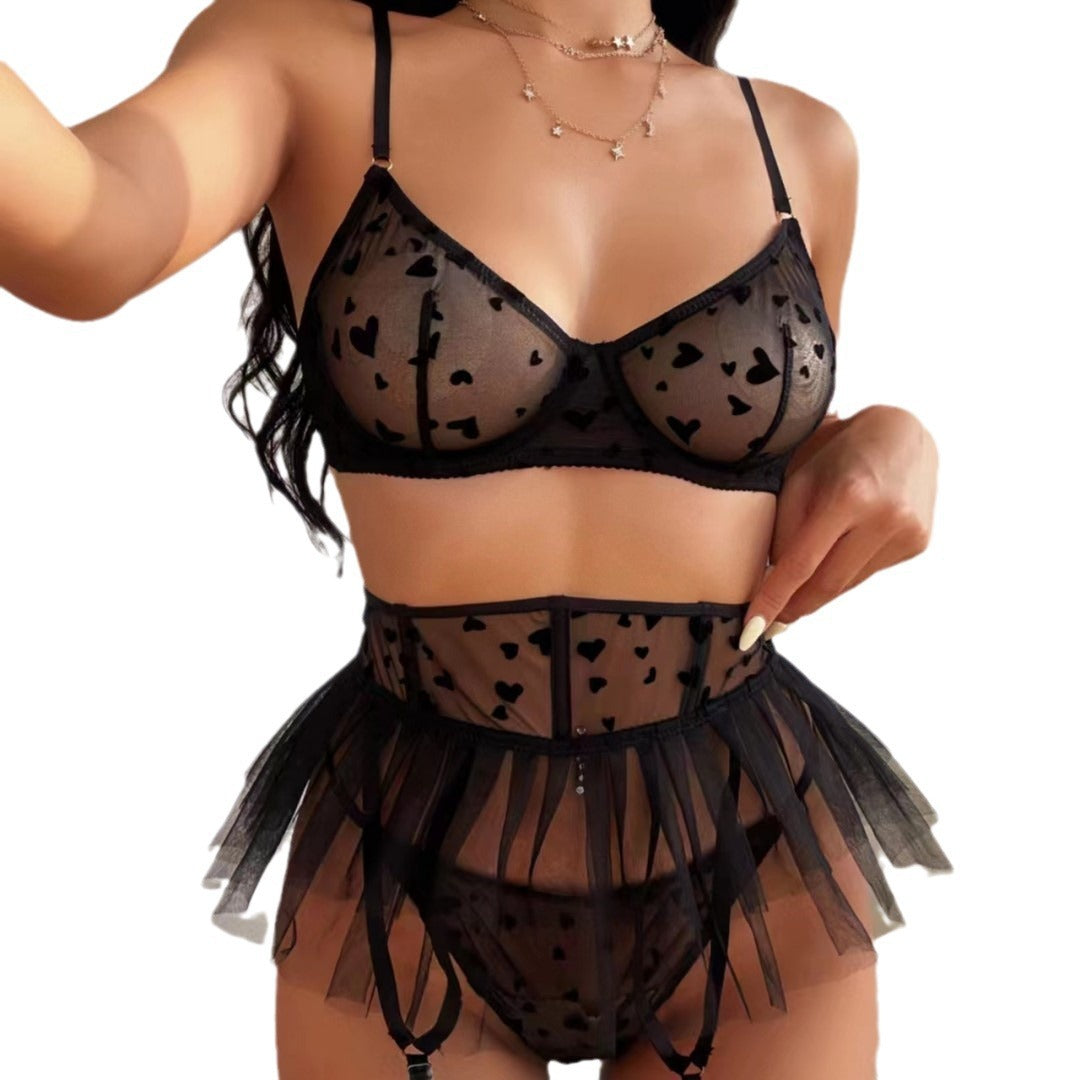 Foreign Trade European and American Style French Lingerie Mesh Ultra-Thin Sexy Heart Flocked Lace Lingerie Thong Three-Piece Set