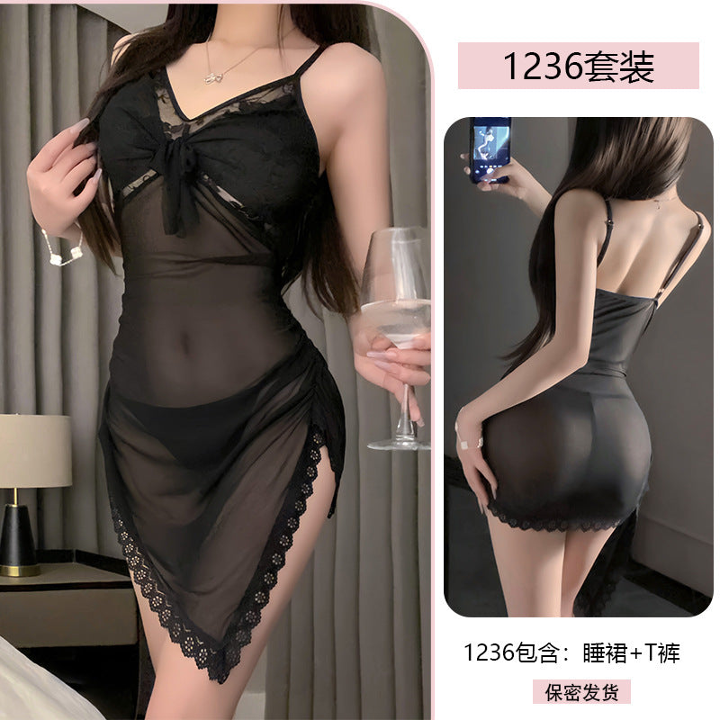 Yiyue Sexy Lingerie Lace Temptation Nightdress Pure Desire Mesh Lace-Up Slim Fit Bodycon No-Remove Sleepwear1236