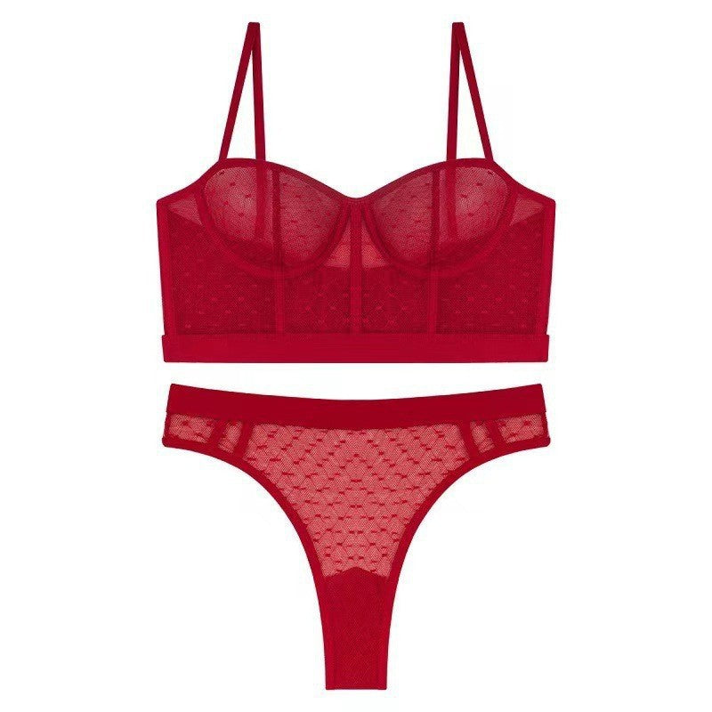 Cross-border French Lace Lingerie Ultra-thin Sheer Mesh Underwire Bra T Sexy lingerie set with pants that make large busts appear smaller