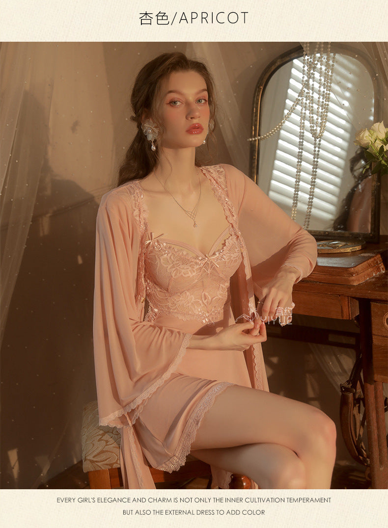 Yiyue Sexy Lingerie Sexy Strap Lace Temptation Nightdress Hot See-through Mesh Plus Size Nightgown Set8449
