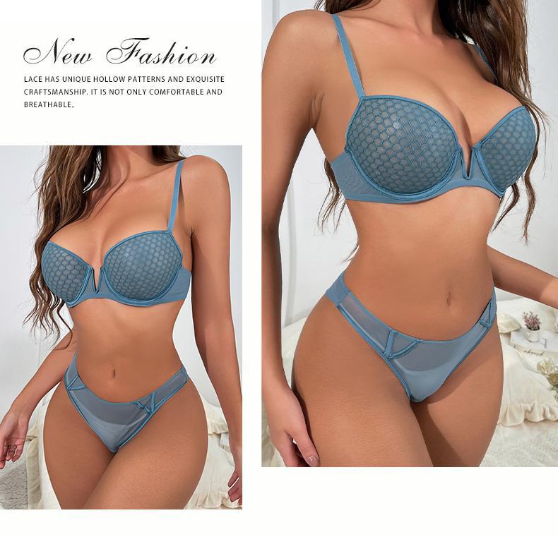 Cross-Border French Lace Lingerie Sexy Honeycomb Pattern Ultra-Thin Soft Underwire Bra Large Bust Minimizer Plus Size Bra Set