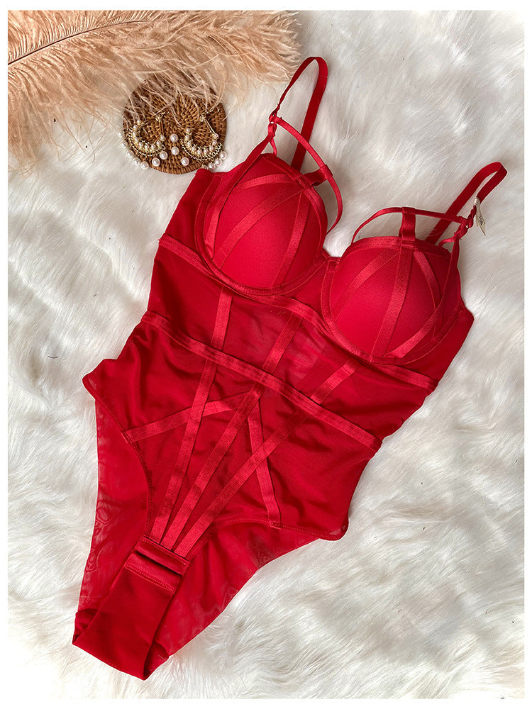 European and American New Sexy Temptation Lace Bra Tight-Fitting Push-Up Micro Shaping Bodysuit French Slimming One-Piece Lingerie