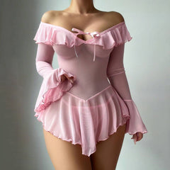European and American Cross-Border Sexy Lingerie Set Long Sleeve Off-Shoulder Tie Bow Ruffle One-Piece Nightdress