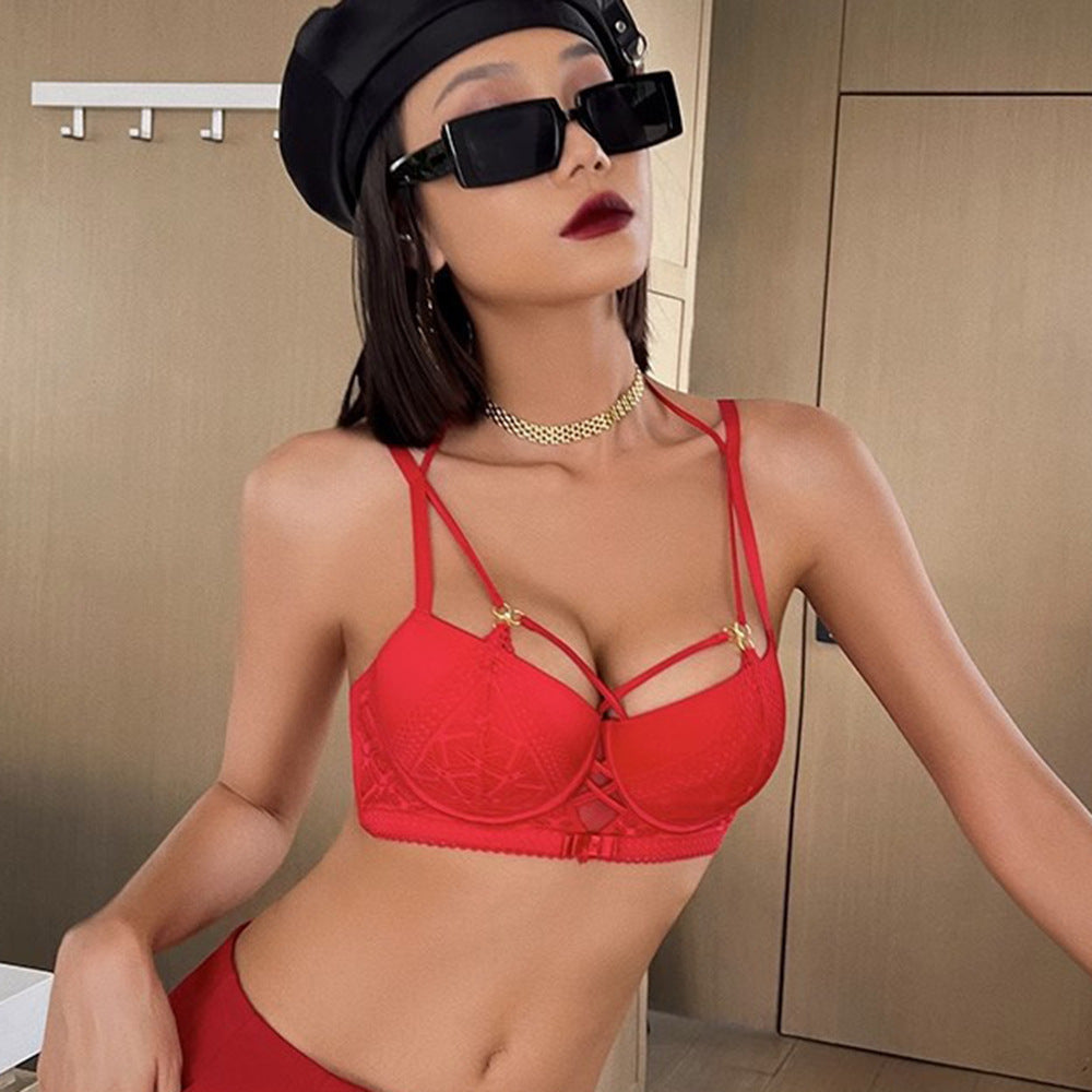 Cross-Border European and American Style French Lingerie Sexy Lace Strap Design Large Bust Push-Up Anti-Sagging Bra Set