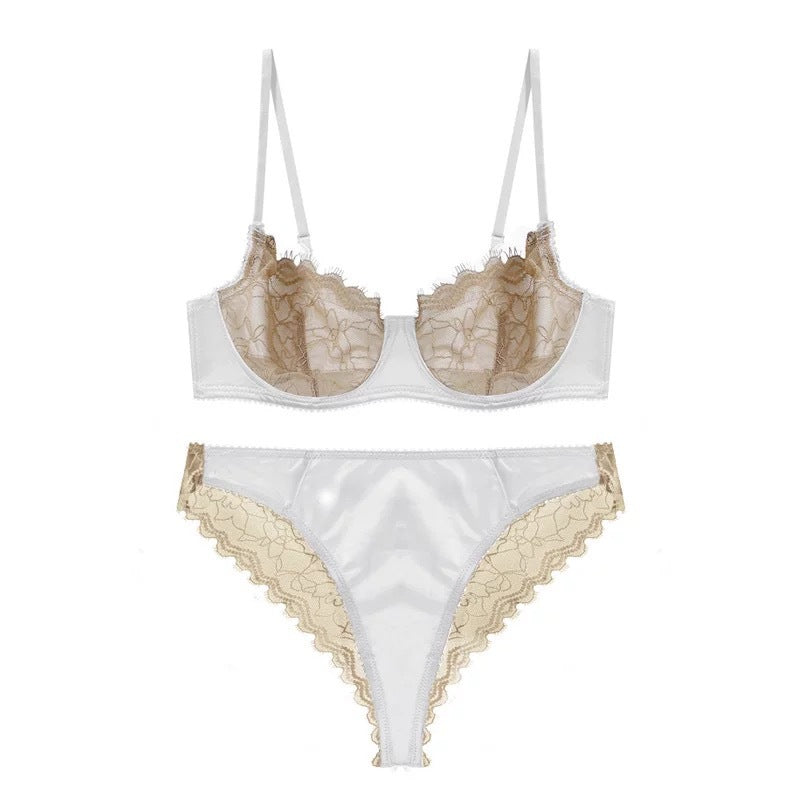 European and American Cross-Border Hot-Selling Sexy Lingerie for Women Ultra-Thin See-Through Large Bust Minimizing French Lace Erotic Bra Set