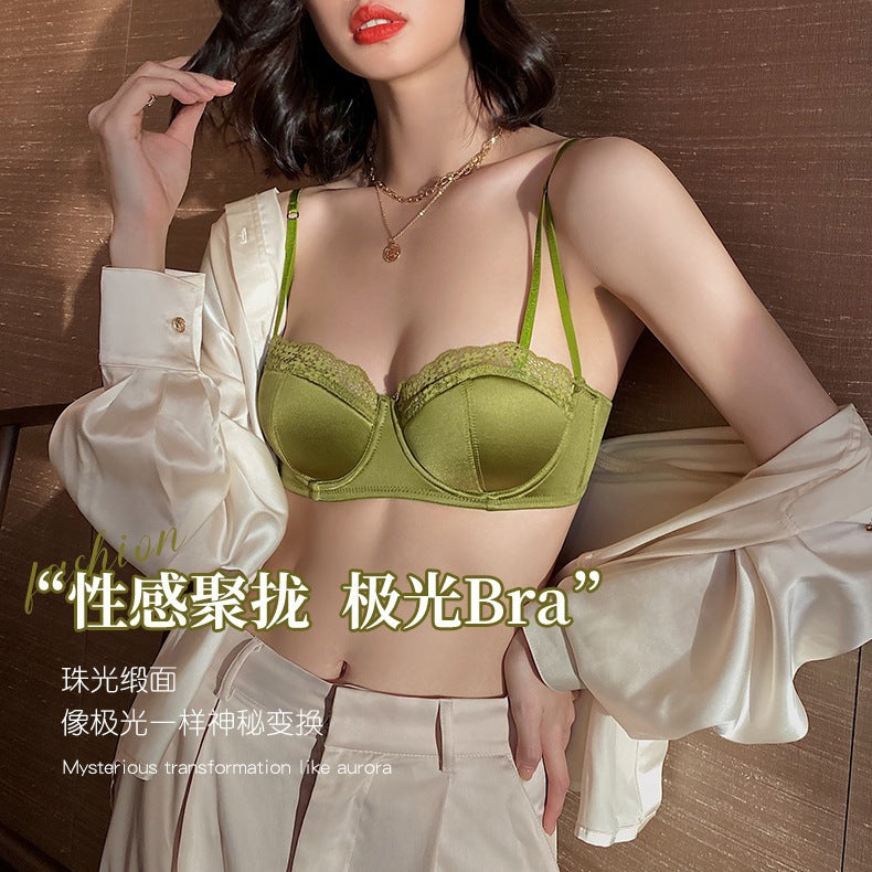 Cross-Border Hot-Selling French Lace Lingerie Women Sexy Thin Satin Large Bust Minimizer Anti-Sagging Bra Set