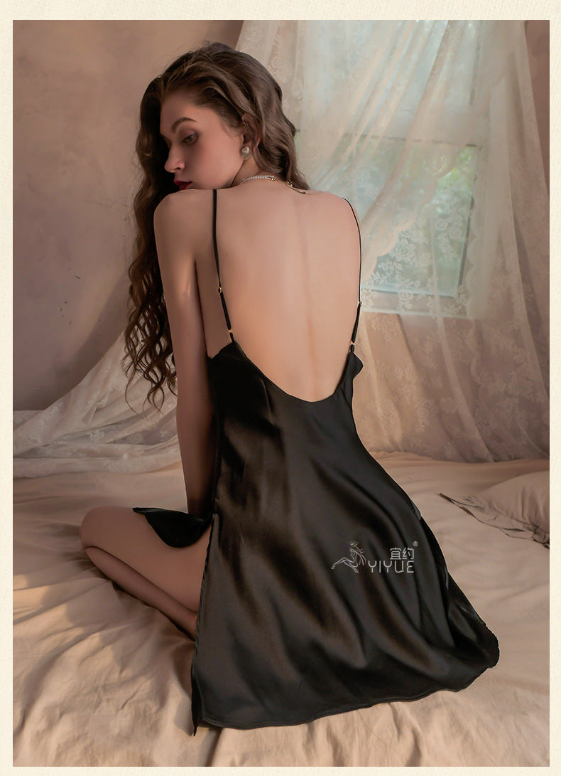 Yiyue New Sexy Nightdress for Women Hollow Out Satin Silky Homewear Erotic Lingerie Hot Strap Nightdress8358