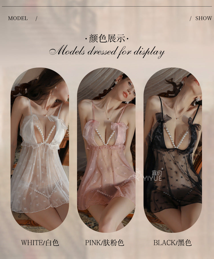 Yiyue Sexy Strap Nightdress Pearl Crotchless Transparent Temptation Sexy No-Remove Lingerie Bed Flirting Sleepwear1004