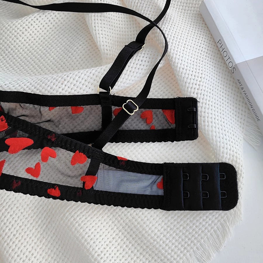 Summer Hot-Selling Cross-Border Sexy Lace Lingerie Big Chest Minimizer See-Through Heart Print Women's Erotic Lingerie Two-Piece Set