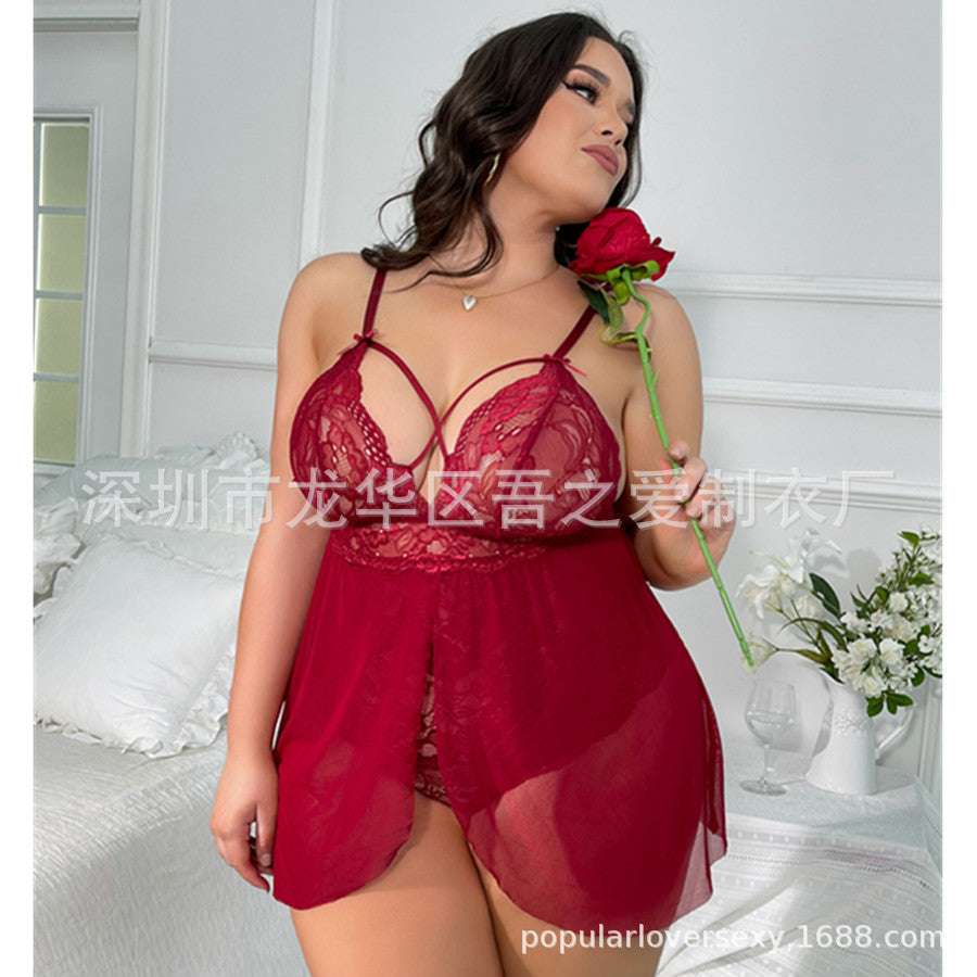 2024New Sexy Lingerie See-through Lace Temptation One-piece Camisole Sexy Nightdress V Cross Collar Cardigan Pajamas