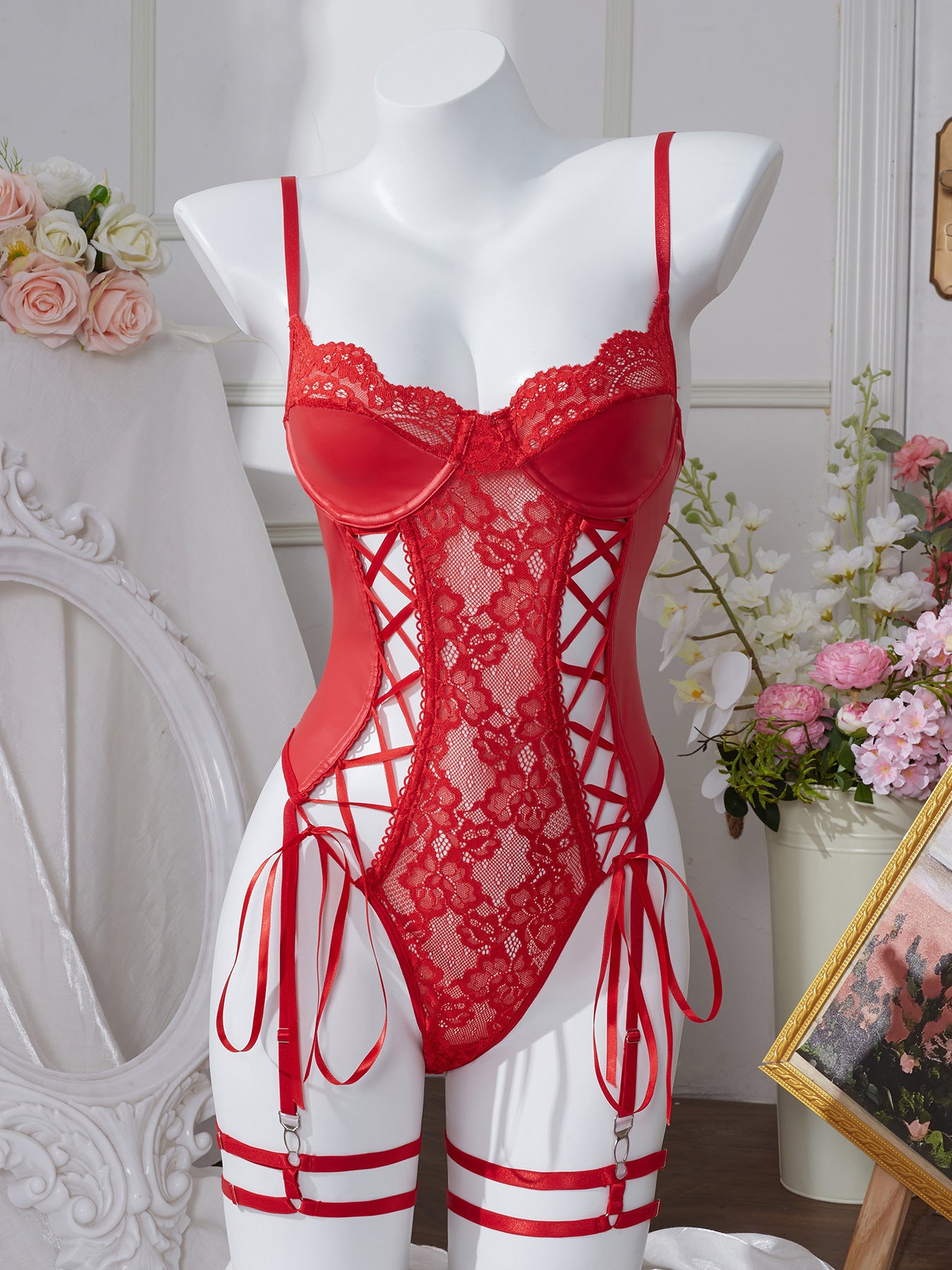 Amazon Cross-Border Sexy Lingerie for Women PU Leather Temptation Passion Tight Strap Hollow Out Camisole Bodysuit