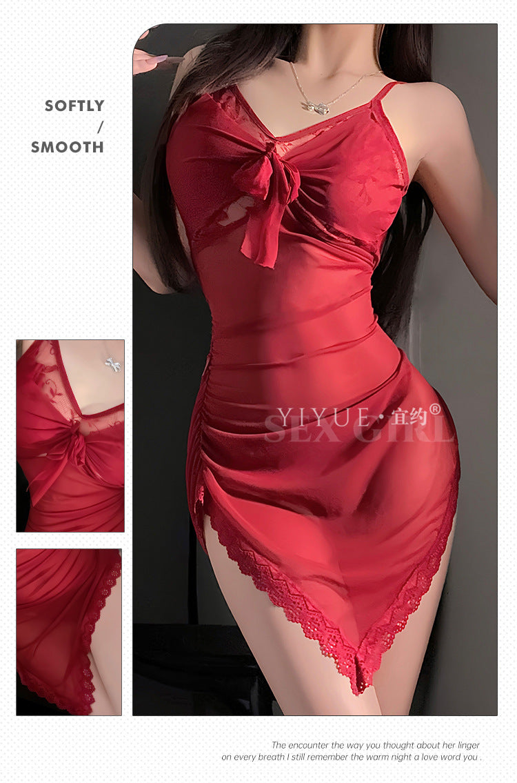 Yiyue Sexy Lingerie Lace Temptation Nightdress Pure Desire Mesh Lace-Up Slim Fit Bodycon No-Remove Sleepwear1236