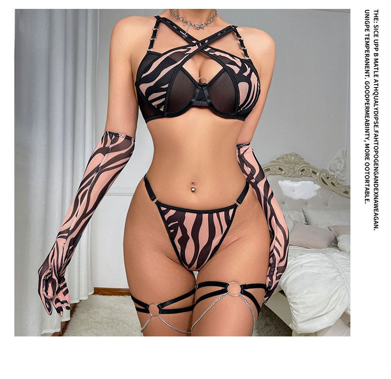 Cross-Border Foreign Trade Hot-Selling Sexy Mesh Leopard Print Metal Chain Lingerie Set with Gloves and Leg Rings Four-Piece Set