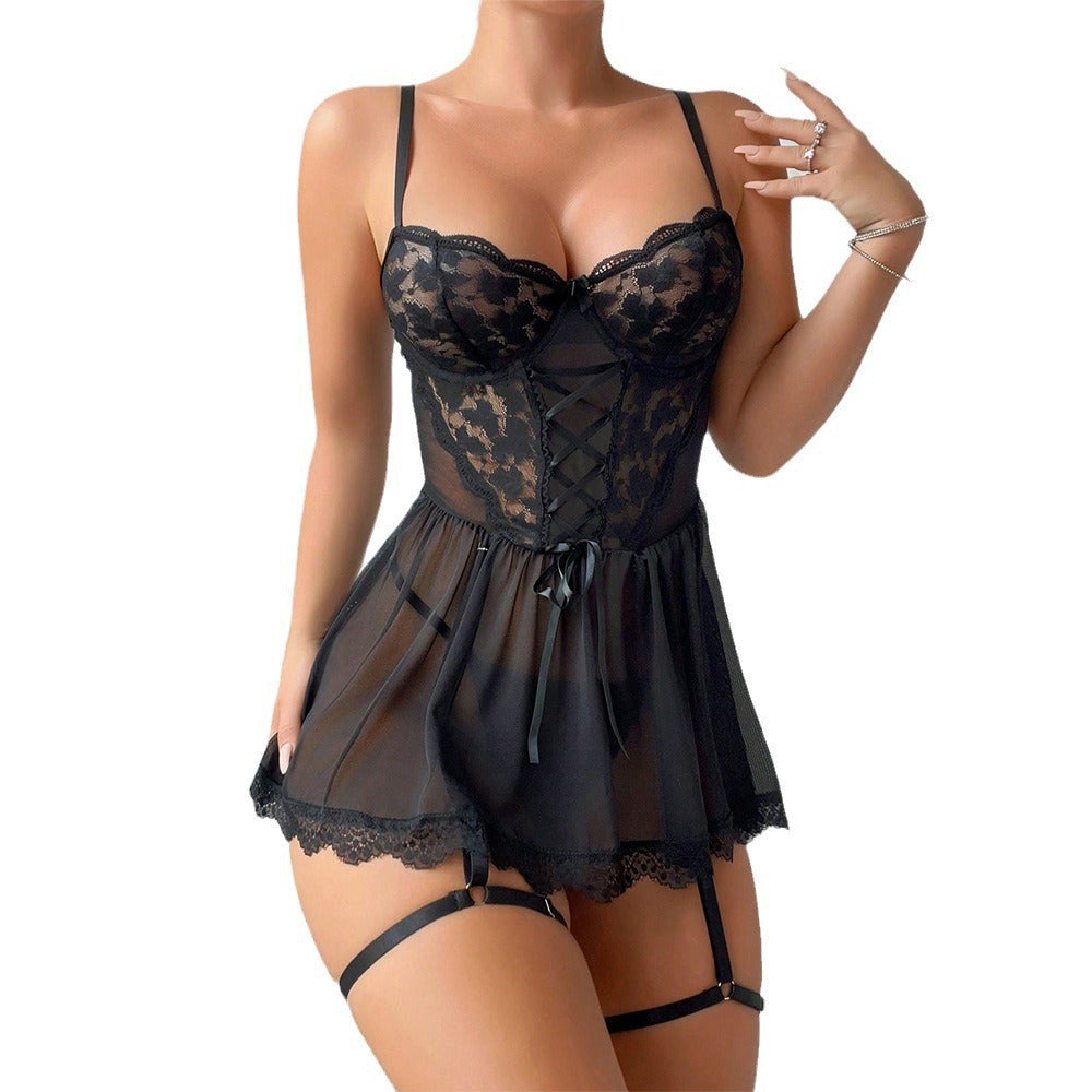 Cross-Border European and American Style French Sexy Nightdress Women's Lace See-Through Temptation Tie Mesh Strap One-Piece Lingerie