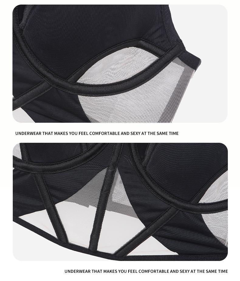 Cross-Border Sexy Lingerie for Women French Style Thin Cotton Smooth Mesh Fishbone Bra Set for Large Bust Minimizing Anti-Sagging Bra Set