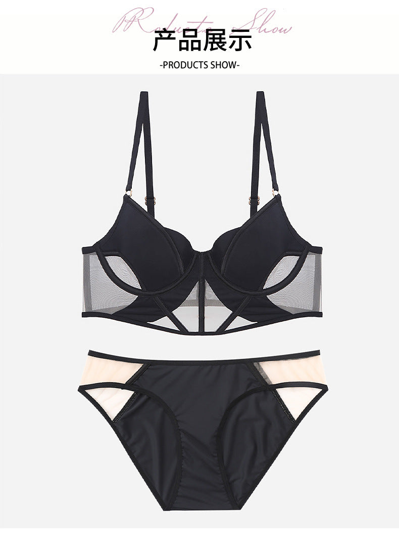 Cross-Border Sexy Lingerie for Women French Style Thin Cotton Smooth Mesh Fishbone Bra Set for Large Bust Minimizing Anti-Sagging Bra Set