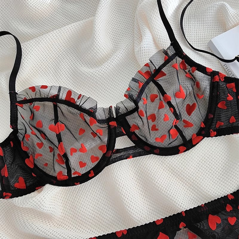 Summer Hot-Selling Cross-Border Sexy Lace Lingerie Big Chest Minimizer See-Through Heart Print Women's Erotic Lingerie Two-Piece Set