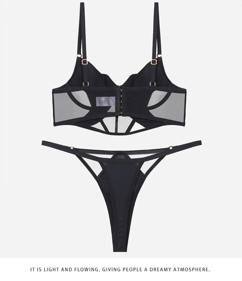 Cross-Border Sexy Lingerie for Women French Style Thin Cotton Smooth Mesh Fishbone Bra Set for Large Bust Minimizing Anti-Sagging Bra Set