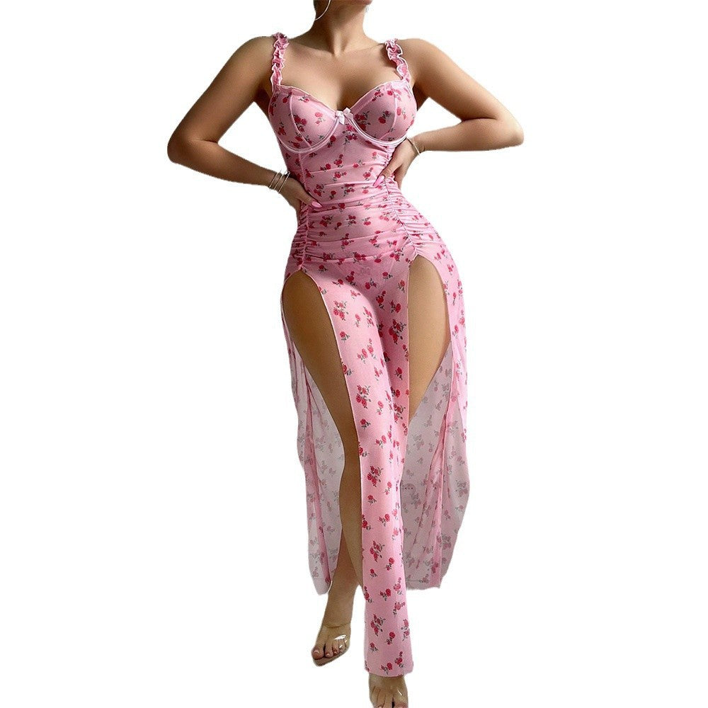 Amazon Foreign Trade Hot-Selling Sexy Lingerie for Women, See-Through Slim Temptation Split Long Dress and Thong Two-Piece Set