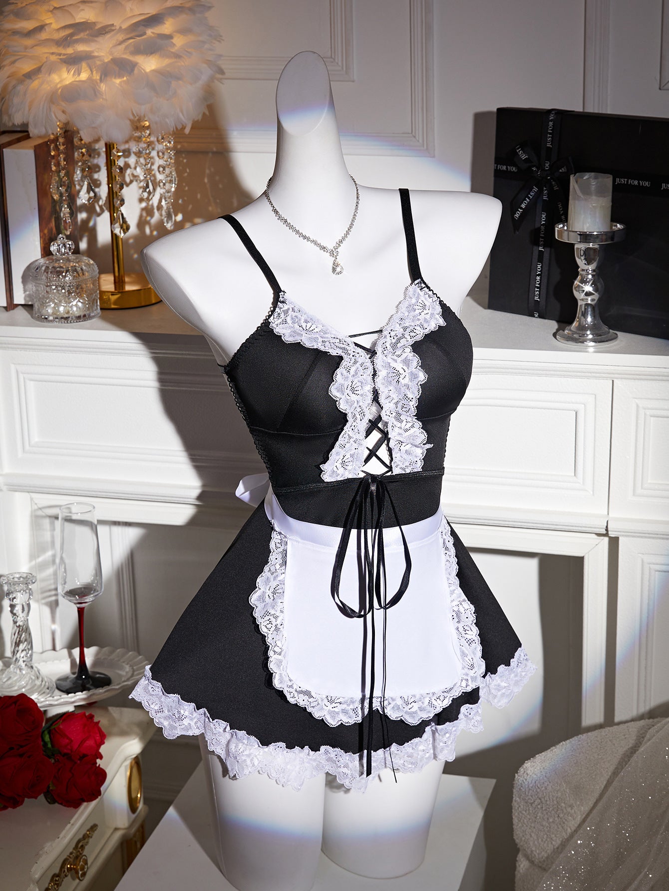 Amazon Foreign Trade Sexy Lingerie Temptation Lace Edge See-through Strap Maid Apron Role Play Set