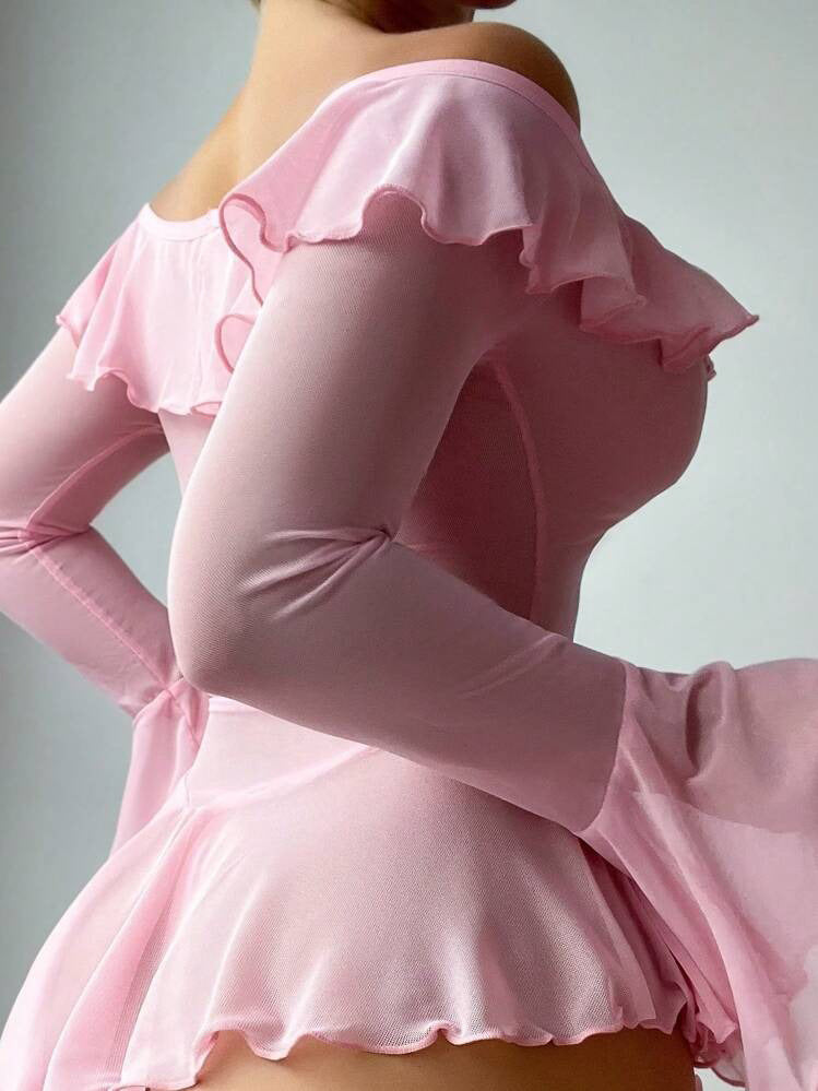European and American Cross-Border Sexy Lingerie Set Long Sleeve Off-Shoulder Tie Bow Ruffle One-Piece Nightdress