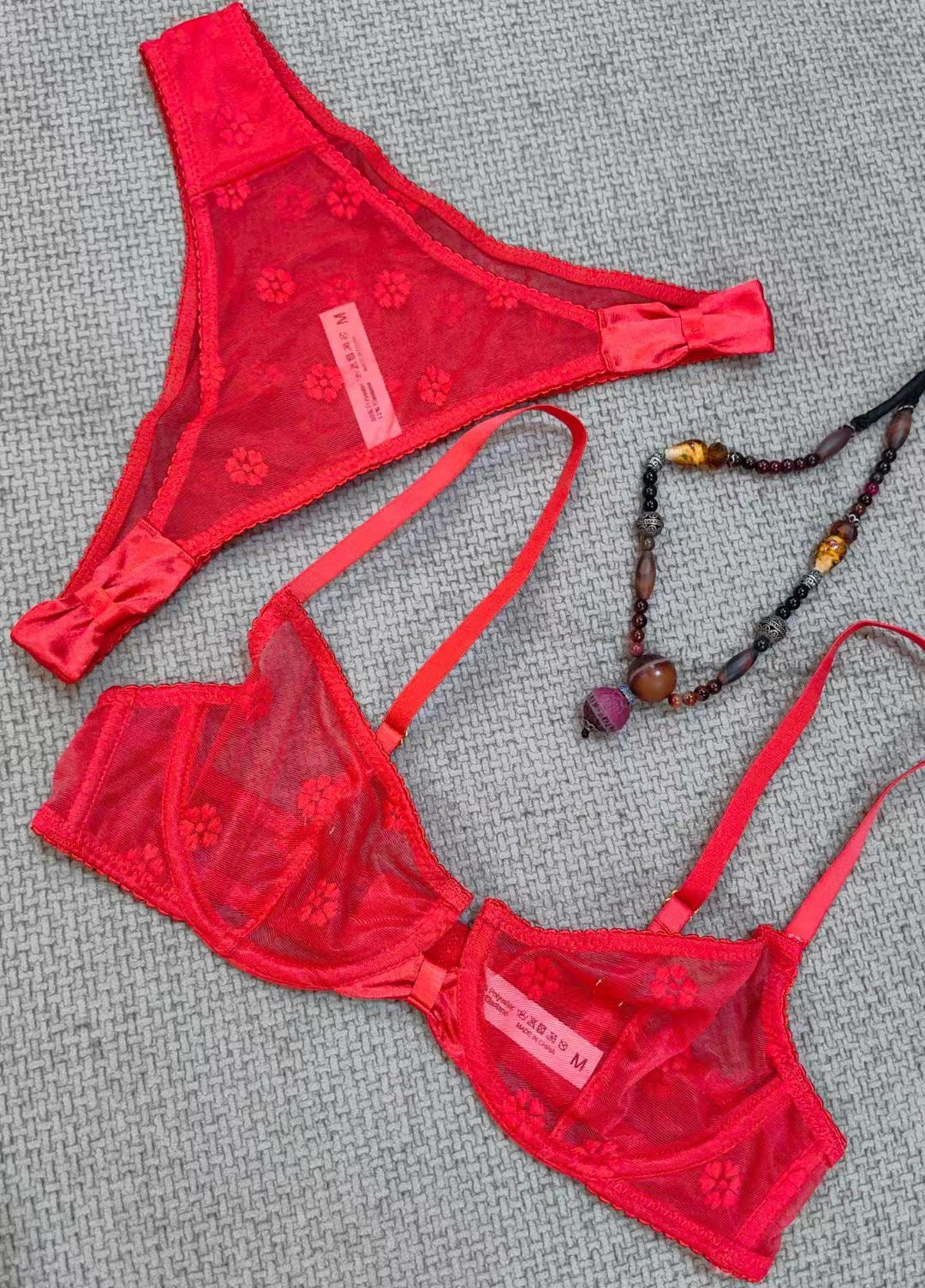 Cross-Border Hot-Selling Sexy Lingerie Summer Thin Large Bust Minimizing Sheer Flocked Embroidery Erotic Lingerie Women Two-Piece Set