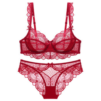 European and American Sexy Bra Set Ultra-thin Semi-transparent Half Cup Lace Bra Small Chest Push-up Anti-sagging Plus Size Bra