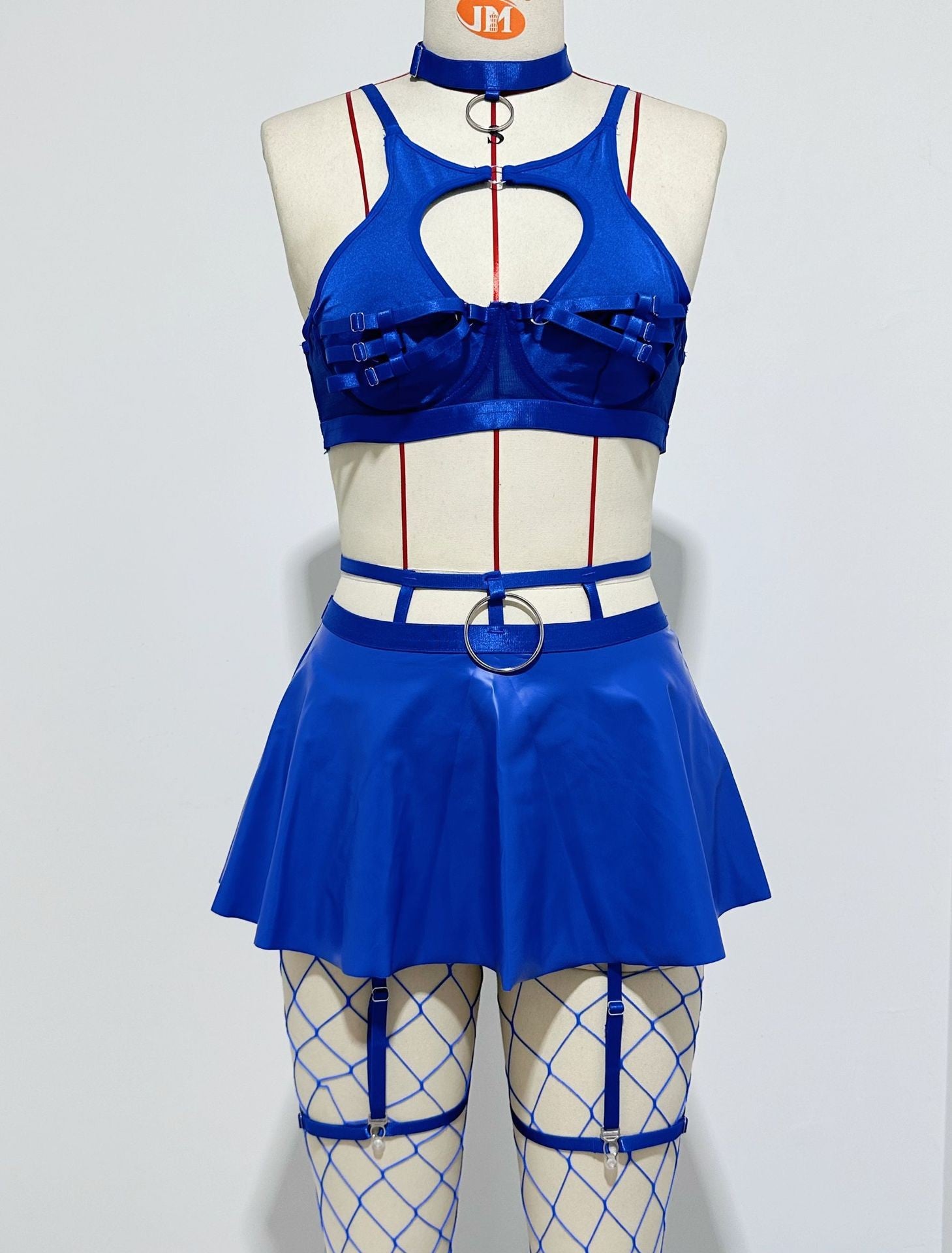 European and American AliExpress Hot-Selling Sexy Lingerie Solid Color Leather Skirt with Fishnet Stockings Tie-Up Push-Up Bra Set