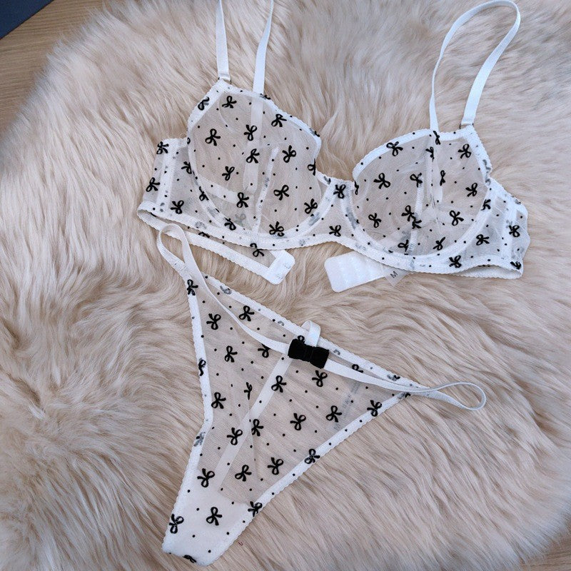 European and American Cross-Border Hot-Selling Sexy Lingerie for Women Ultra-Thin Flocked Printed Mesh Lace French Lingerie Set