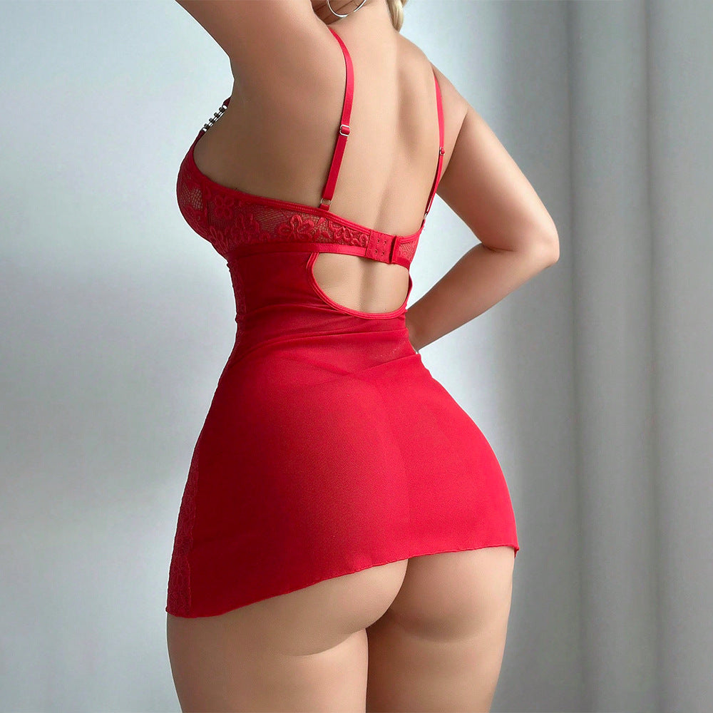 Cross-Border Foreign Trade Hot-Selling Sexy Lingerie Set Embroidered Lace See-Through Bodysuit Thong Two-Piece Set for Women