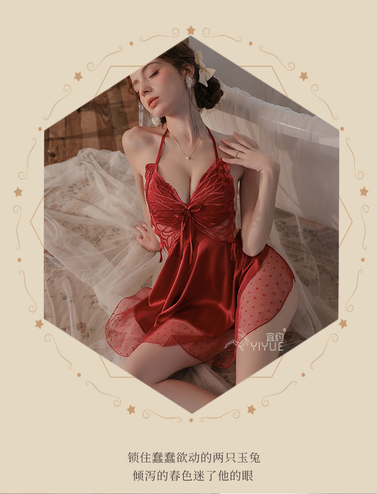 Yiyue Sexy Satin Nightdress Pure Desire Homewear with Chest Pads Bare Back Erotic Lingerie Uniform Pajama Set1125