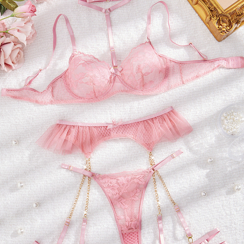 Seductive and Clever Sexy Halter Neck Lingerie Set for Women Lace Mini Skirt Chain Foot Ring Sexy Set