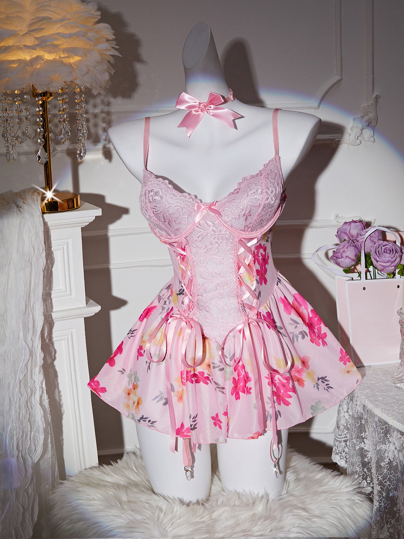 Amazon Cross-Border Sexy Lingerie Lace See-Through Temptation Hollow Floral Nightdress Sweet Girl Pajamas