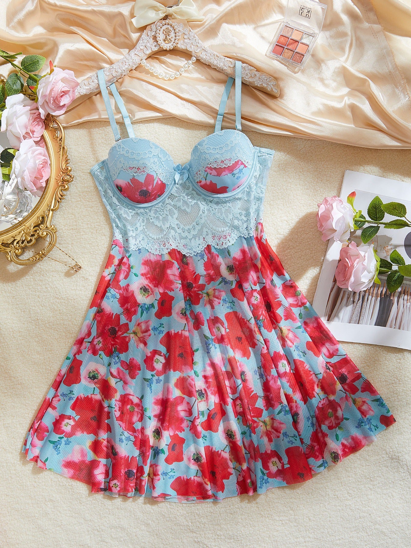 European and American Cross-Border Sexy Nightwear Women's Lace Mesh Printed Bodysuit Thong Two-Piece Set Hot Selling in Foreign Trade