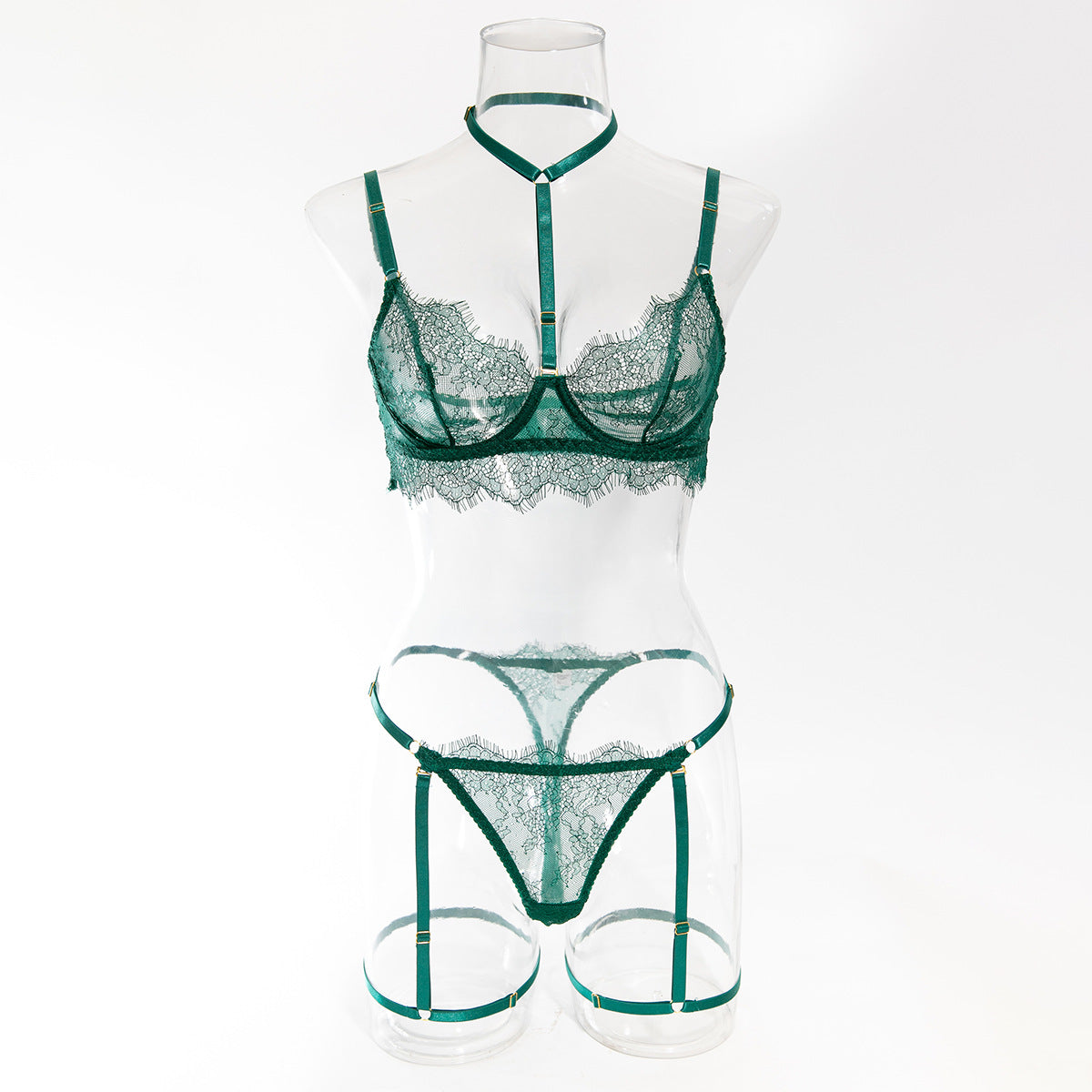 European and American Cross-Border Sexy Lingerie Four-Piece Set Sexy Hollow Lace Eyelash Halter Neck Lingerie with Detachable Leg Rings