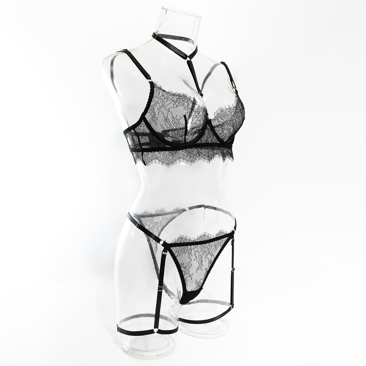 European and American Cross-Border Sexy Lingerie Four-Piece Set Sexy Hollow Lace Eyelash Halter Neck Lingerie with Detachable Leg Rings