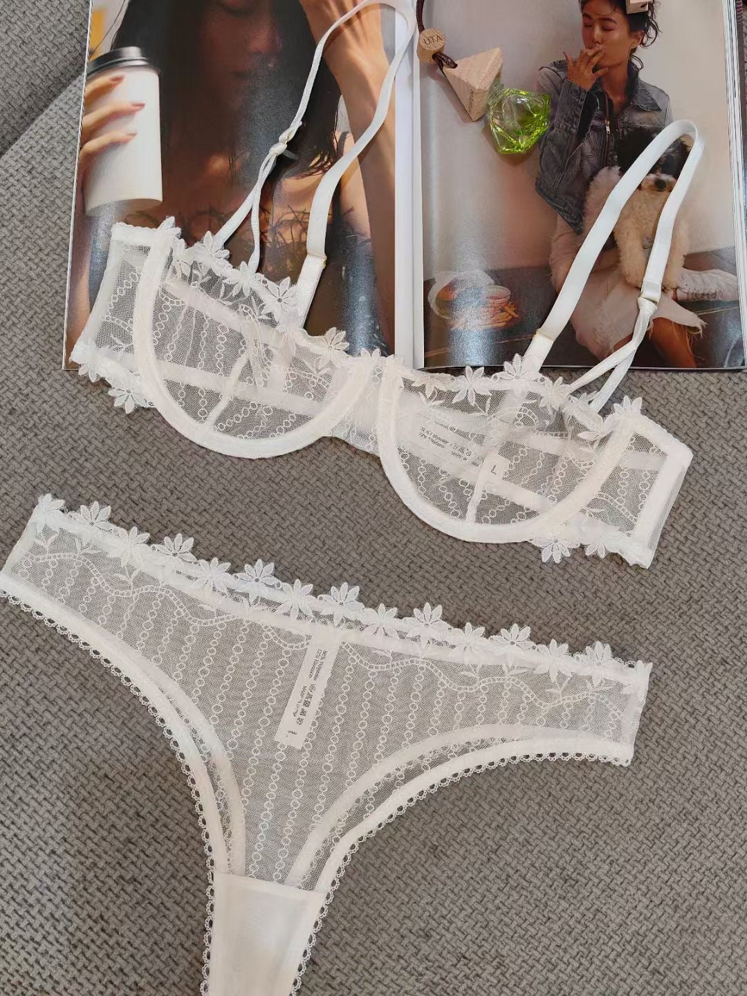 Cross-Border European and American Style French Lace Sexy Lingerie Ultra-Thin See-Through Half-Cup Embroidery Big Chest Minimizer Sexy Lingerie Set
