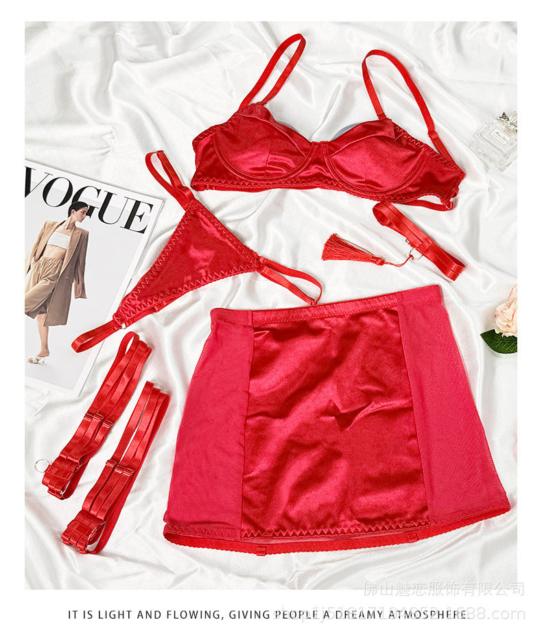 Amazon Foreign Trade Sexy Lingerie Women's Satin Patchwork Mesh See-through Bodycon Skirt Thong Five-piece Set