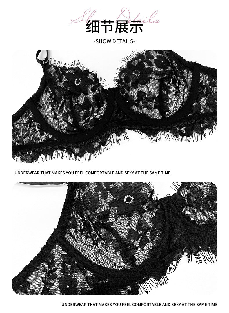 Amazon European and American French Style Sexy Lingerie Women's Ultra-Thin Embroidered Lace See-Through Temptation Thong Five-Piece Set